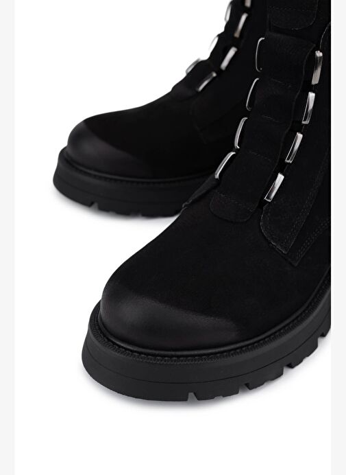 Tamer Tanca Kadın Hakiki Deri Siyah Nubuk Topuklu Bot - Görsel 4