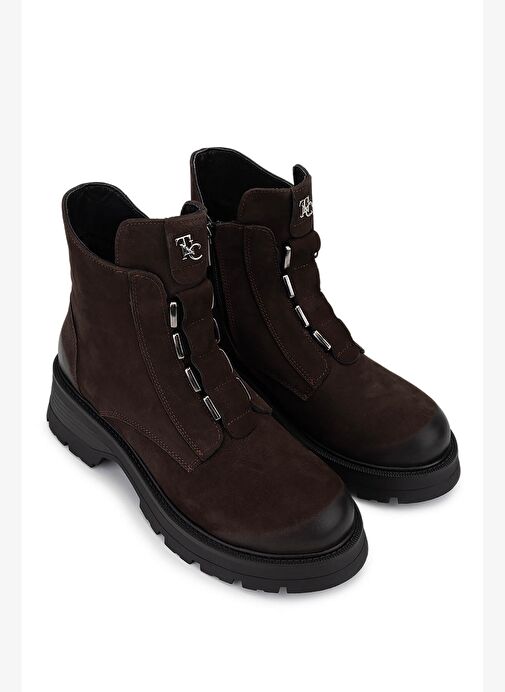 Tamer Tanca Kadın Hakiki Deri Kahverengi Nubuk Topuklu Bot - Görsel 3