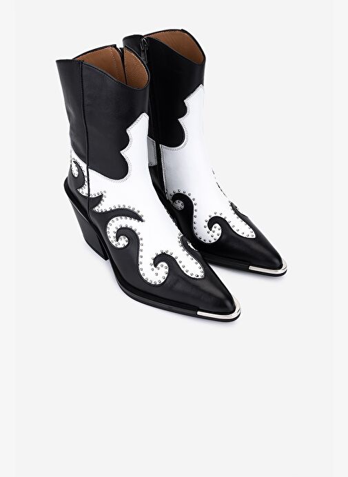 Valmenti Kadın Hakiki Deri Siyah/Beyaz Western Bot - Görsel 3