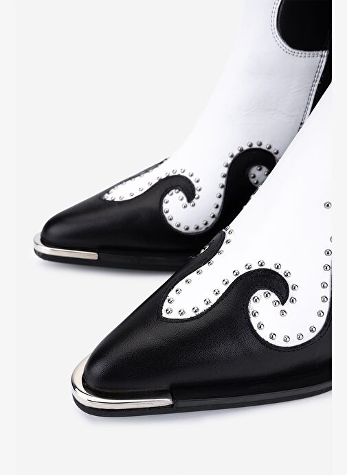 Valmenti Kadın Hakiki Deri Siyah/Beyaz Western Bot - Görsel 4