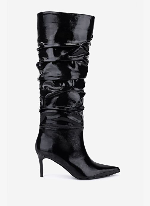 Valmenti Kadın Hakiki Deri Siyah Kırışık Rugan Topuklu Çizme - Görsel 2