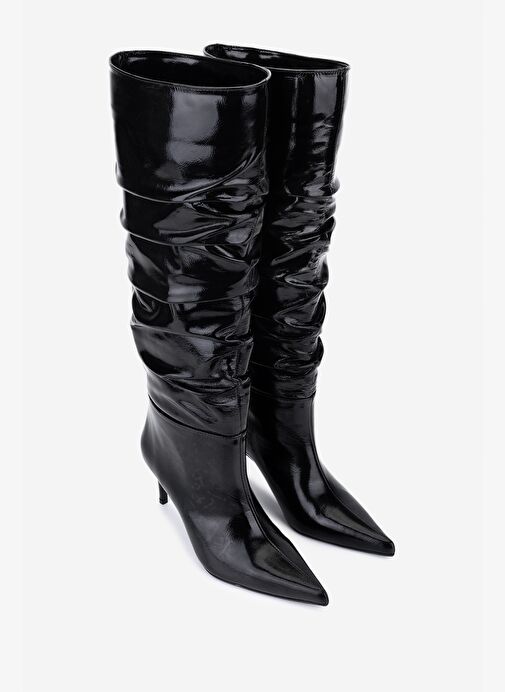 Valmenti Kadın Hakiki Deri Siyah Kırışık Rugan Topuklu Çizme - Görsel 3