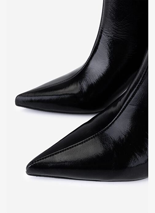 Valmenti Kadın Hakiki Deri Siyah Kırışık Rugan Topuklu Çizme - Görsel 4