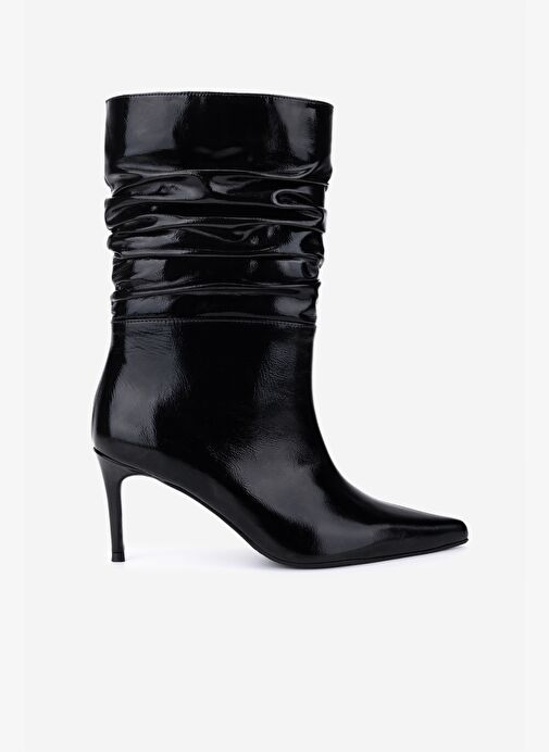 Valmenti Kadın Hakiki Deri Siyah Kırışık Rugan Topuklu Bot - Görsel 2