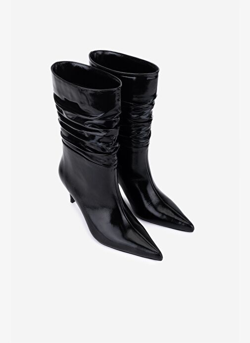 Valmenti Kadın Hakiki Deri Siyah Kırışık Rugan Topuklu Bot - Görsel 3