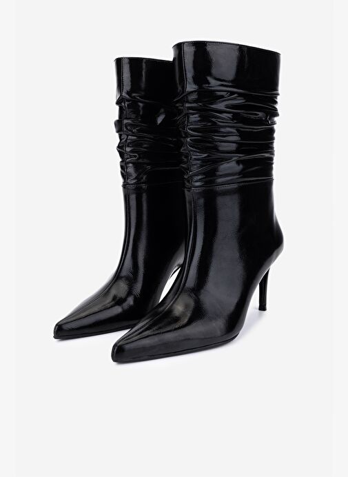 Valmenti Kadın Hakiki Deri Siyah Kırışık Rugan Topuklu Bot - Görsel 7