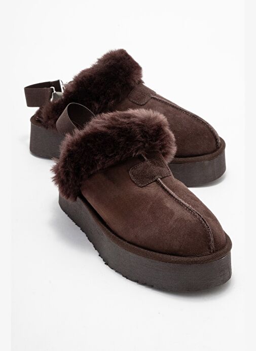 OLESSA Kahverengi Hakiki Deri Süet Kadın Kürklü Terlik - Görsel 2