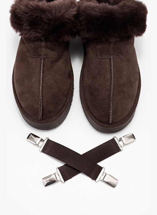 OLESSA Kahverengi Hakiki Deri Süet Kadın Kürklü Terlik - Görsel 3