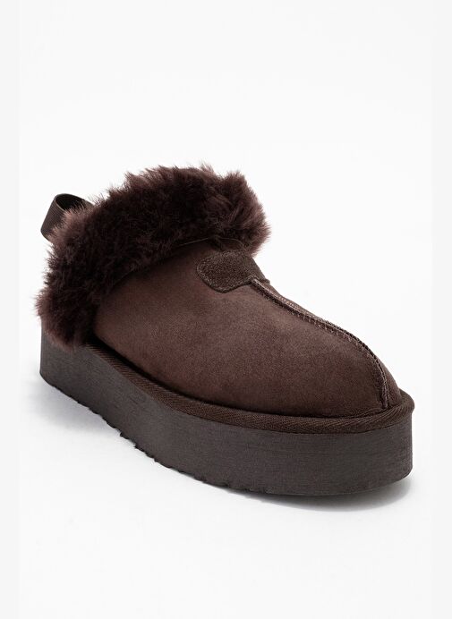 OLESSA Kahverengi Hakiki Deri Süet Kadın Kürklü Terlik - Görsel 4