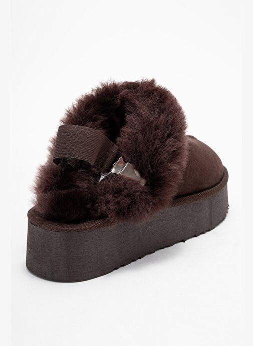 OLESSA Kahverengi Hakiki Deri Süet Kadın Kürklü Terlik - Görsel 6