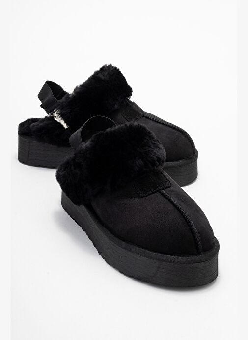 OLESSA Siyah Hakiki Deri Süet Kadın Kürklü Terlik - Görsel 2