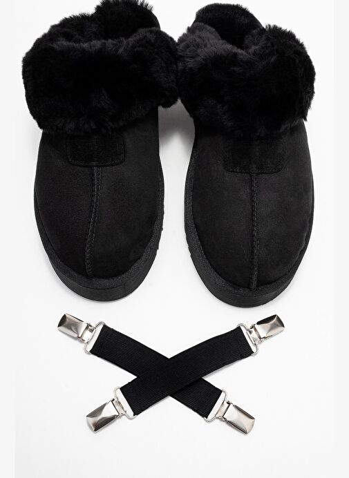 OLESSA Siyah Hakiki Deri Süet Kadın Kürklü Terlik - Görsel 3
