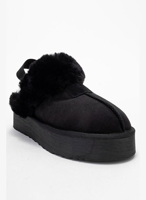 OLESSA Siyah Hakiki Deri Süet Kadın Kürklü Terlik - Görsel 4
