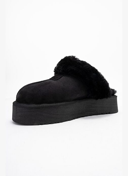 OLESSA Siyah Hakiki Deri Süet Kadın Kürklü Terlik - Görsel 5