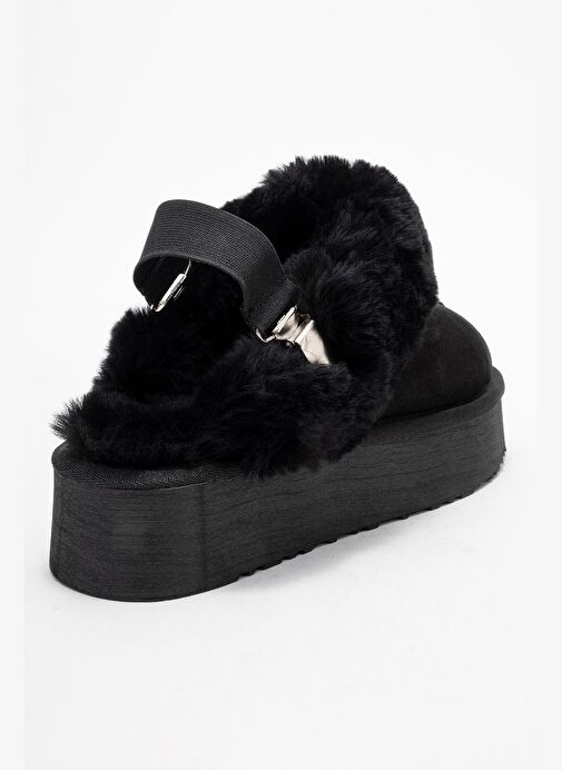 OLESSA Siyah Hakiki Deri Süet Kadın Kürklü Terlik - Görsel 6