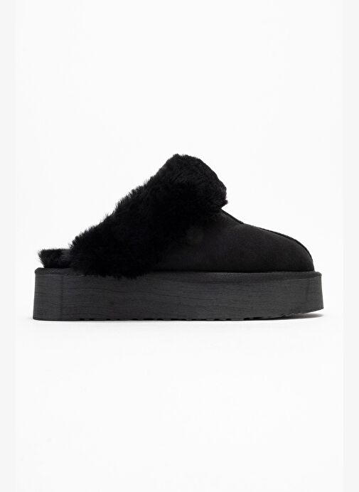 OLESSA Siyah Hakiki Deri Süet Kadın Kürklü Terlik - Görsel 7
