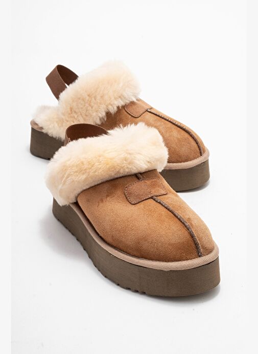 OLESSA Taba Hakiki Deri Süet Kadın Kürklü Terlik - Görsel 2