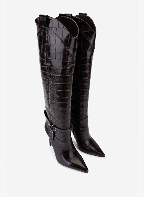 Valmenti Kadın Hakiki Deri Kahverengi Kroko Topuklu Çizme - Görsel 3