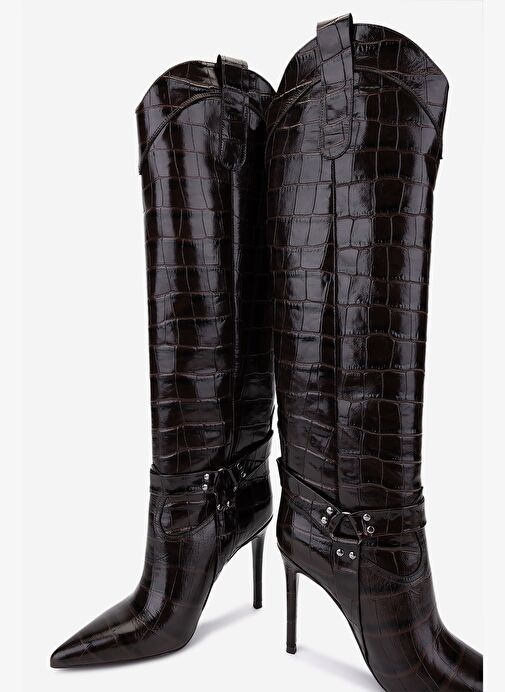 Valmenti Kadın Hakiki Deri Kahverengi Kroko Topuklu Çizme - Görsel 5