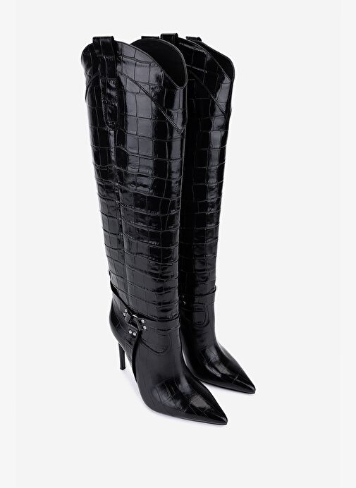 Valmenti Kadın Hakiki Deri Siyah Kroko Topuklu Çizme - Görsel 3