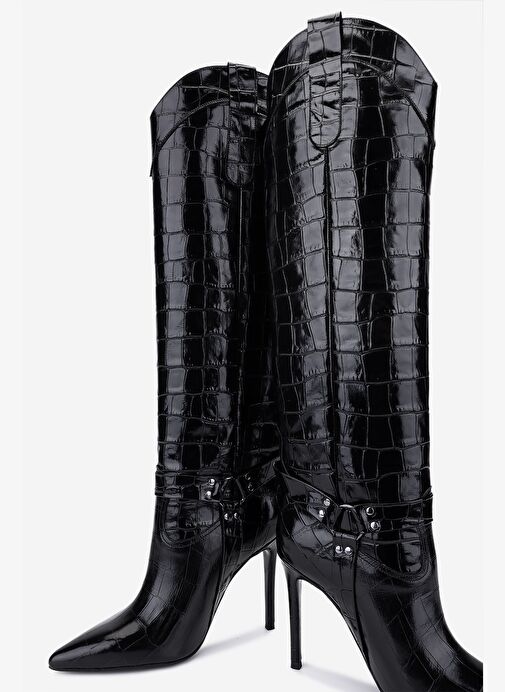 Valmenti Kadın Hakiki Deri Siyah Kroko Topuklu Çizme - Görsel 5