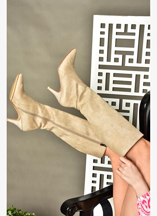 R372453002 Ten Süet İnce Topuklu Kadın Çizme - Görsel 4