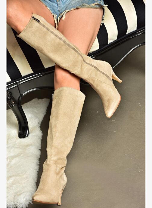 R372453002 Ten Süet İnce Topuklu Kadın Çizme - Görsel 5