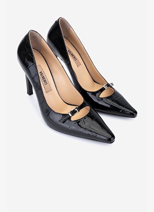 Valmenti Kadın Hakiki Deri Siyah Kroko Stiletto Ayakkabı - Görsel 3
