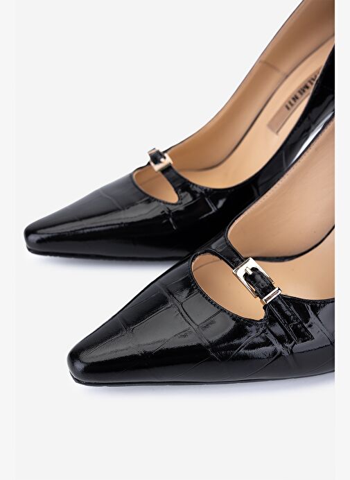 Valmenti Kadın Hakiki Deri Siyah Kroko Stiletto Ayakkabı - Görsel 4