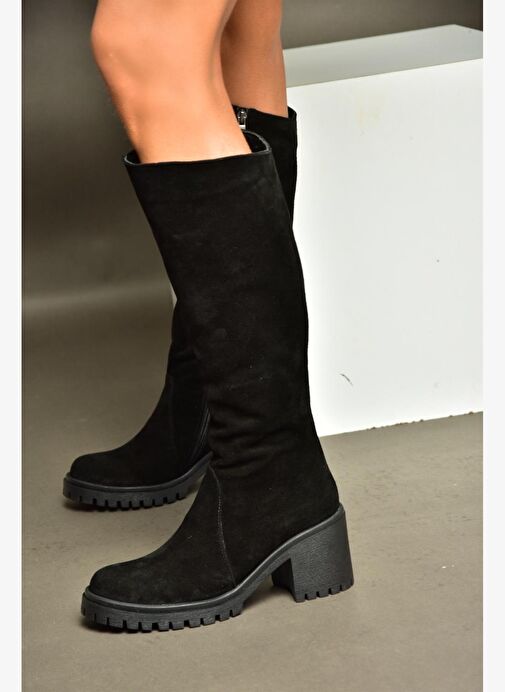 R654047702 Siyah Hakiki Deri Süet Kalın Topuklu Kadın Çizme - Görsel 3