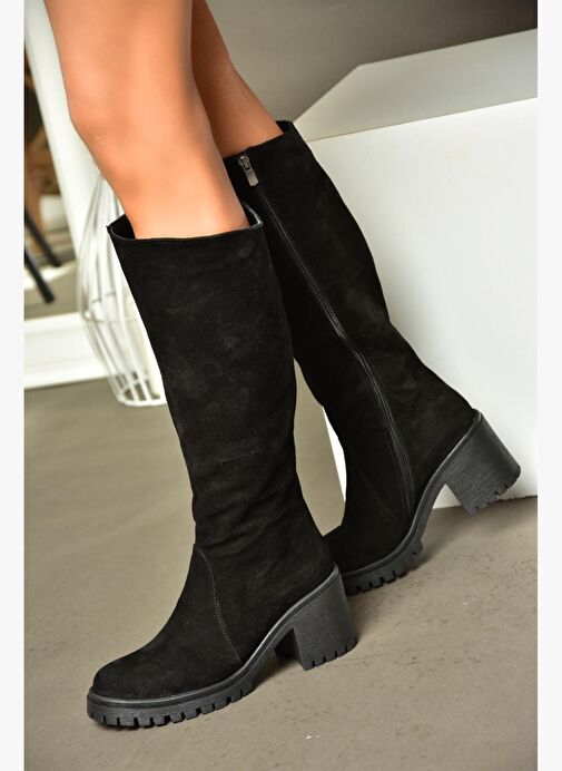 R654047702 Siyah Hakiki Deri Süet Kalın Topuklu Kadın Çizme - Görsel 4