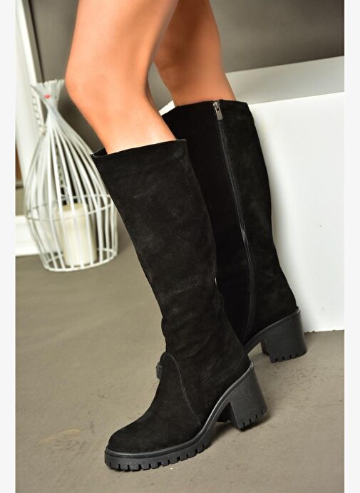 R654047702 Siyah Hakiki Deri Süet Kalın Topuklu Kadın Çizme - Görsel 5