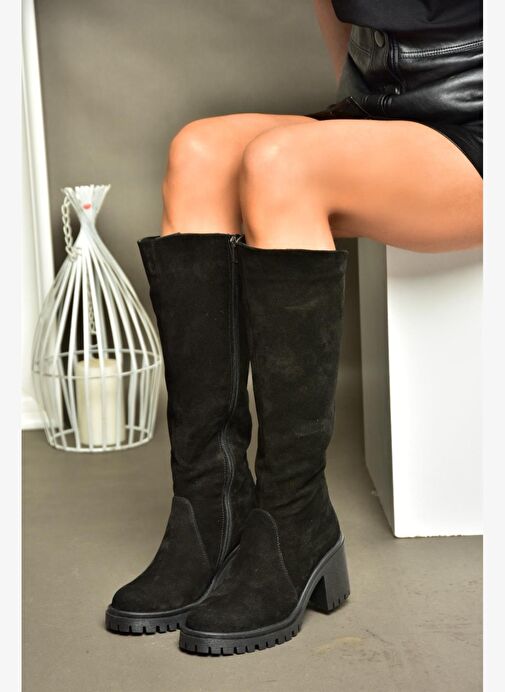 R654047702 Siyah Hakiki Deri Süet Kalın Topuklu Kadın Çizme - Görsel 6