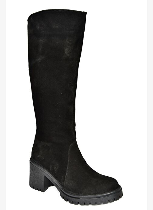 R654047702 Siyah Hakiki Deri Süet Kalın Topuklu Kadın Çizme - Görsel 7