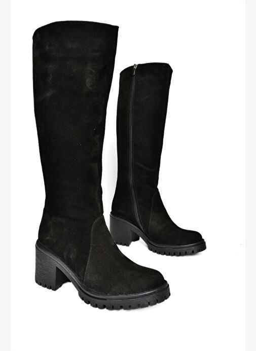 R654047702 Siyah Hakiki Deri Süet Kalın Topuklu Kadın Çizme - Görsel 8