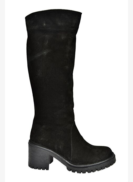 R654047702 Siyah Hakiki Deri Süet Kalın Topuklu Kadın Çizme - Görsel 9