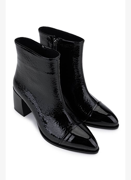 Tamer Tanca Kadın Suni Deri Siyah Rugan Topuklu Bot - Görsel 3