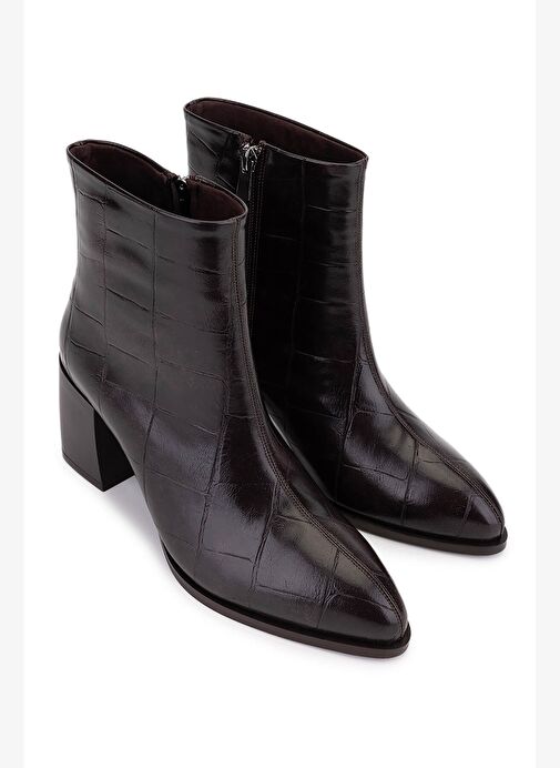 Tamer Tanca Kadın Suni Deri Kahverengi Kroko Topuklu Bot - Görsel 3