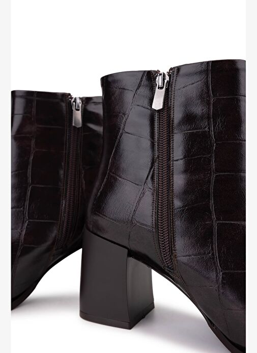 Tamer Tanca Kadın Suni Deri Kahverengi Kroko Topuklu Bot - Görsel 6