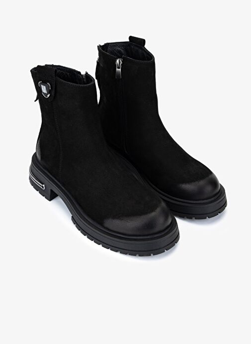 Valmenti Kadın Hakiki Deri Siyah Nubuk Düz Bot - Görsel 3