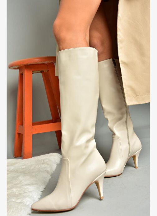 R372453009 Bej İnce Topuklu Kadın Çizme - Görsel 2