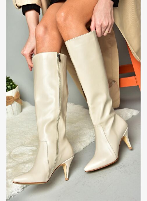 R372453009 Bej İnce Topuklu Kadın Çizme - Görsel 4
