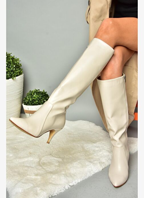 R372453009 Bej İnce Topuklu Kadın Çizme - Görsel 5