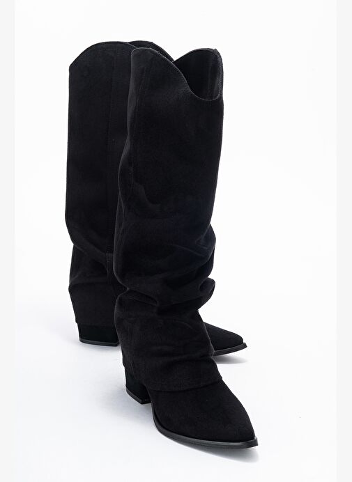 ELARIS Siyah Süet Körüklü Kadın Kalın Topuklu Çizme - Görsel 2