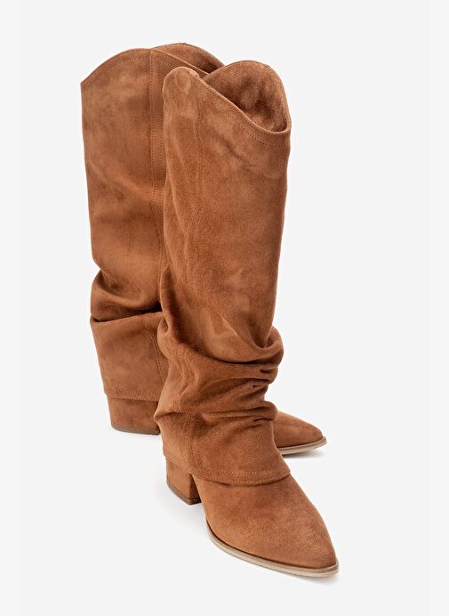 ELARIS Taba Süet Körüklü Kadın Kalın Topuklu Çizme - Görsel 2