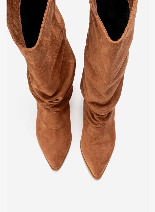 ELARIS Taba Süet Körüklü Kadın Kalın Topuklu Çizme - Görsel 3