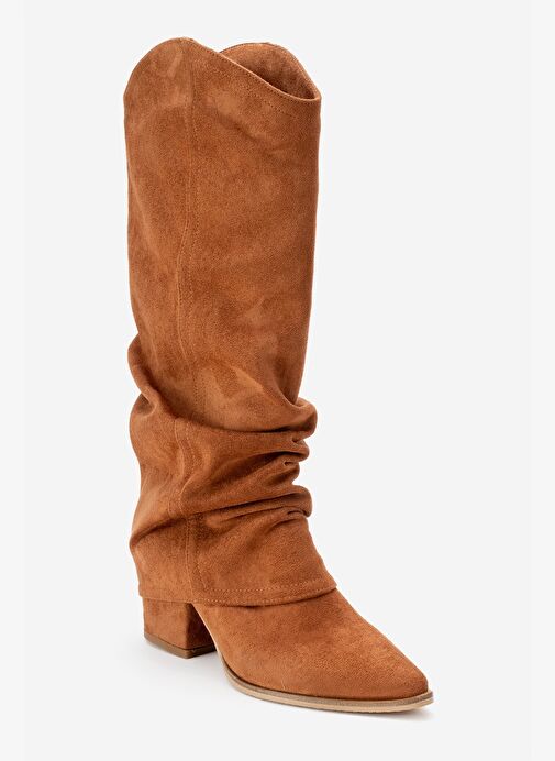 ELARIS Taba Süet Körüklü Kadın Kalın Topuklu Çizme - Görsel 4