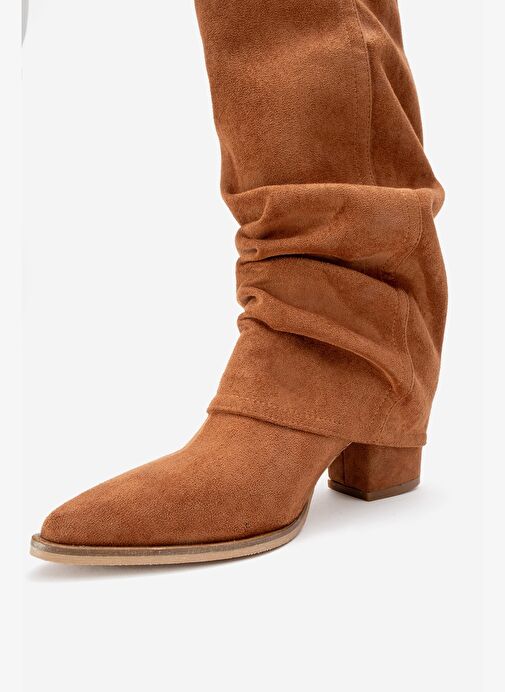 ELARIS Taba Süet Körüklü Kadın Kalın Topuklu Çizme - Görsel 5