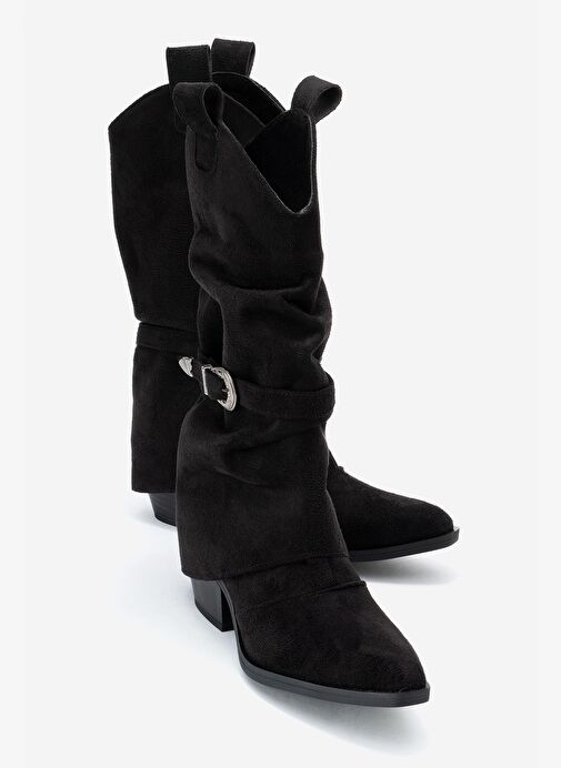 OKUS Siyah Süet Kadın Tokalı Kalın Topuklu Kısa Çizme - Görsel 2