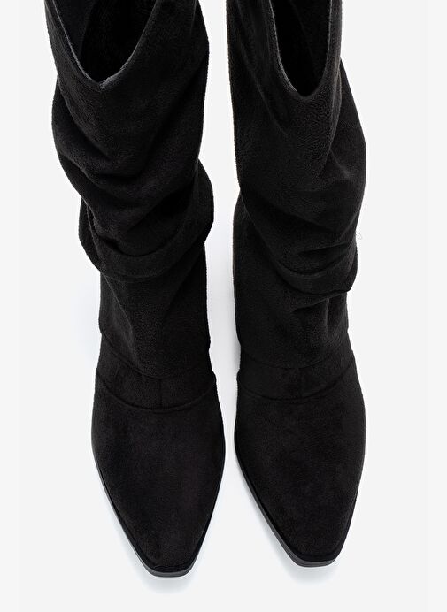 OKUS Siyah Süet Kadın Tokalı Kalın Topuklu Kısa Çizme - Görsel 3